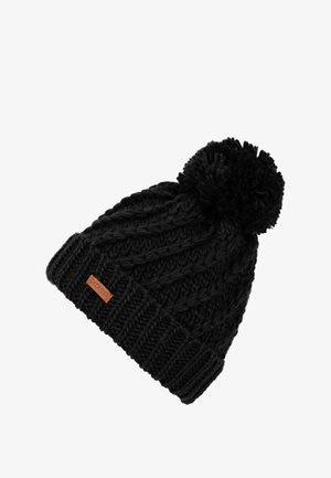 Beanie nera lavorata a maglia con un motivo a treccia testurizzato, una fascia a costine e un soffice pompon sulla parte superiore. Include un piccolo tag in pelle.