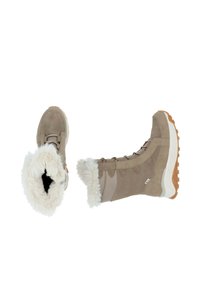 Bottes marron clair avec un col en fourrure blanche pelucheuse, dessus en daim et textile, design à lacets et semelle en caoutchouc texturée pour une meilleure adhérence.