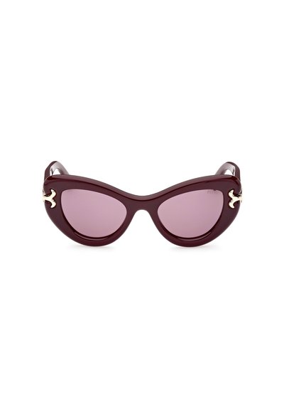 Cat-eye sunglasses with a burgundy plastic frame and pink lenses, featuring golden decorative accents on the sides.