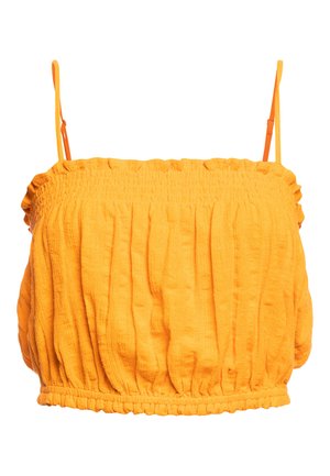 Gelbes, kurzes Oberteil aus einem strukturierten, zerknitterten Stoff. Verfügt über verstellbare Spaghetti-Träger und einen gerafften Gummizugsaum.