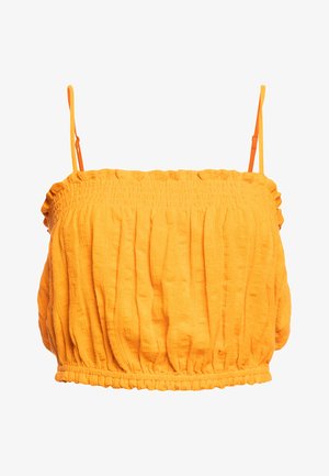 Gelbes, kurzes Oberteil aus einem strukturierten, zerknitterten Stoff. Verfügt über verstellbare Spaghetti-Träger und einen gerafften Gummizugsaum.