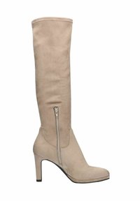 Botte beige en daim montant jusqu'au genou avec fermeture éclair latérale, talon haut, bout effilé et silhouette élancée.