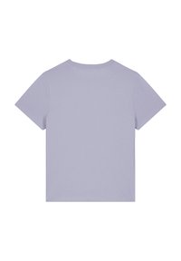 T-shirt à manches courtes de couleur lavande clair, avec un design simple, un col rond et une texture douce et lisse. Vue de dos présentée.