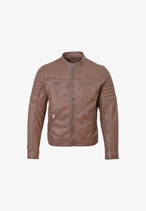 Braune Lederjacke mit Stehkragen, gesteppten Schultereinsätzen und zwei mit Reißverschluss versehenen Brusttaschen. Glatte Textur mit tailliertem Schnitt.