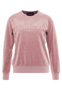 Sudadera de terciopelo rosa con cuello redondo, mangas raglán y texto en relieve "PEAK PERFORMANCE ORIGINAL" en el frente. Textura suave.