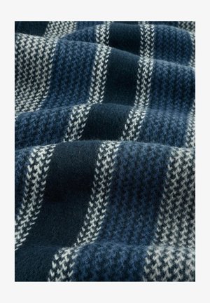 Wool blanket featuring a textured pattern with navy and white stripes; soft and cozy with a houndstooth design in alternating sections.