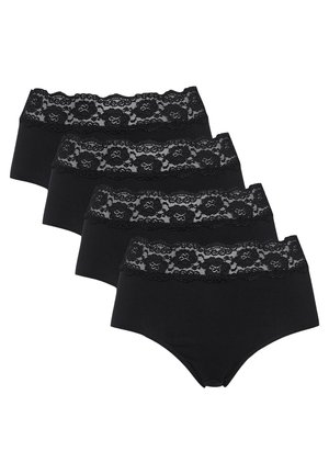 Zwarte katoenen hoge taille onderbroeken met een decoratieve kant tailleband, voorzien van bloemenpatronen en een gladde textuur. Set van vier.