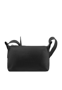 Sort faux læder pouch med en struktureret overflade, udstyret med en toplynlås og to korte håndtag. Inkluderer et præget brandlogo på forsiden.