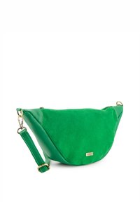 Grüne Wildleder- und Leder-Umhängetasche mit geschwungener Form, verstellbarem Tragegurt und goldener Logo-Plakette. Glatte Textur mit elegantem Design.