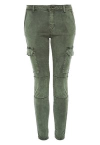 Oliwkowe spodnie cargo z denimu, z panelami na kolanach, bocznymi kieszeniami i dopasowanym krojem z lekko wyblakłą fakturą.