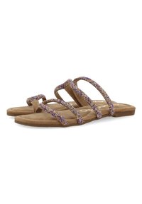 Sandalias planas marrones con tres tiras acentuadas con cristales, con una plantilla suave similar a gamuza y un diseño minimalista. Suela antideslizante.