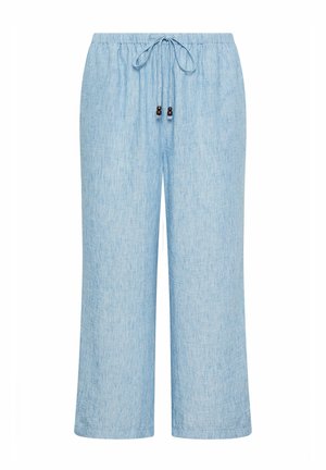 Pantalon large en lin bleu clair avec taille élastique et cordon de serrage agrémenté de perles en bois.