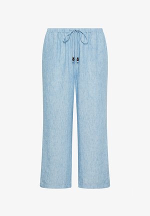 Hellblaue Leinenhose mit weitem Bein, elastischem Bund und Kordelzug mit Holzperlenakzenten.