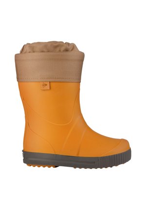 Orangene Gummistiefel mit einem braunen textilen Bund, strukturierten Oberflächen und grauer Laufsohle, mit abgerundeter Spitze und Profilierung an der Unterseite.