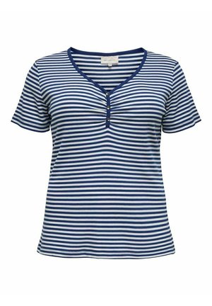 Blauw-wit gestreept T-shirt met korte mouwen en V-hals, drie knopen middenvoor en een aansluitend silhouet.