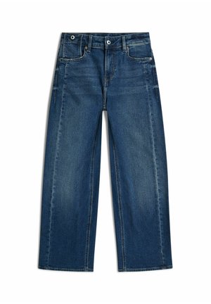 Jean en denim bleu foncé à jambes droites avec bouton à l'avant, fermeture éclair et design classique à cinq poches sur fond blanc.