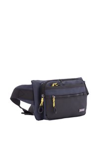 Marsupio navy realizzato in tessuto resistente, dotato di più scomparti con cerniera e dettagli gialli, oltre a una cintura regolabile per il massimo comfort.