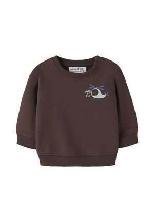 Sweat-shirt bébé marron à manches longues avec un petit hélicoptère bleu et blanc et le texte "Time to Fly" sur la poitrine.
