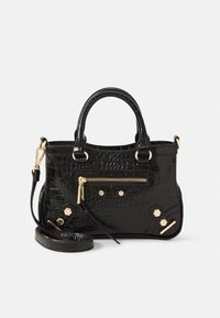 Mustast kunstkrokodillinahast käekott kuldse riistvara, esmine tõmblukuga tasku, kaheks peamiseks sangaks ja eemaldatav õlarihm.