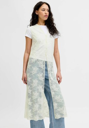 Donna con camicia bianca a maniche corte, lungo gilet in pizzo trasparente abbottonato in alto e jeans azzurri su sfondo uniforme.