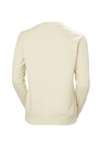 Sudadera crema, tela suave, puños y dobladillo de canalé, escote redondo simple, mangas largas, textura lisa, diseño minimalista sin adornos.