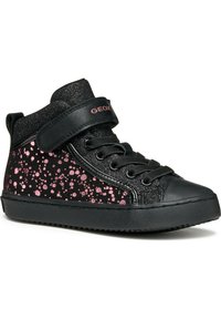 Zapatillas altas negras con diseño salpicado en rosa y plata, que cuentan con una correa de velcro, cordones y suela de goma texturizada.