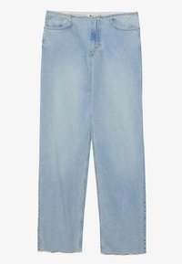 Jeans de denim azul claro con diseño de pierna recta, que incluyen una cintura de altura media, cinco bolsillos y detalles de dobladillo sin terminación en los puños.