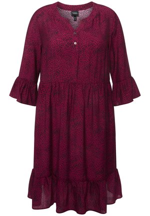 Blumengemustertes Midi-Kleid in Dunkelrosa mit schwarzen Akzenten, mit V-Ausschnitt, Knopfverschluss und gesmokten Ärmeln und Saum.