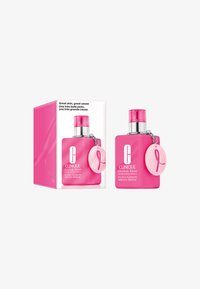Clinique Dramatically Different Moisturizing Lotion i en lys pink beholder med en sølvhætte og et pink bånd charm, pakket i en matchende kasse.