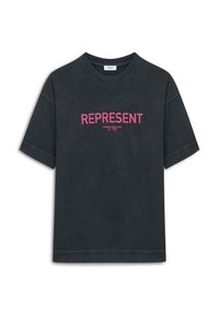Black cotton T-shirt with short sleeves featuring bold pink text "REPRESENT" and additional text in smaller font beneath. Casual fit.