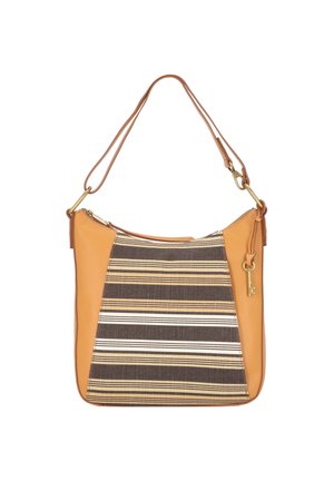 Tan leather shoulder bag with brown and beige striped fabric front panel, gold zipper, detachable strap, and hanging gold key charm.