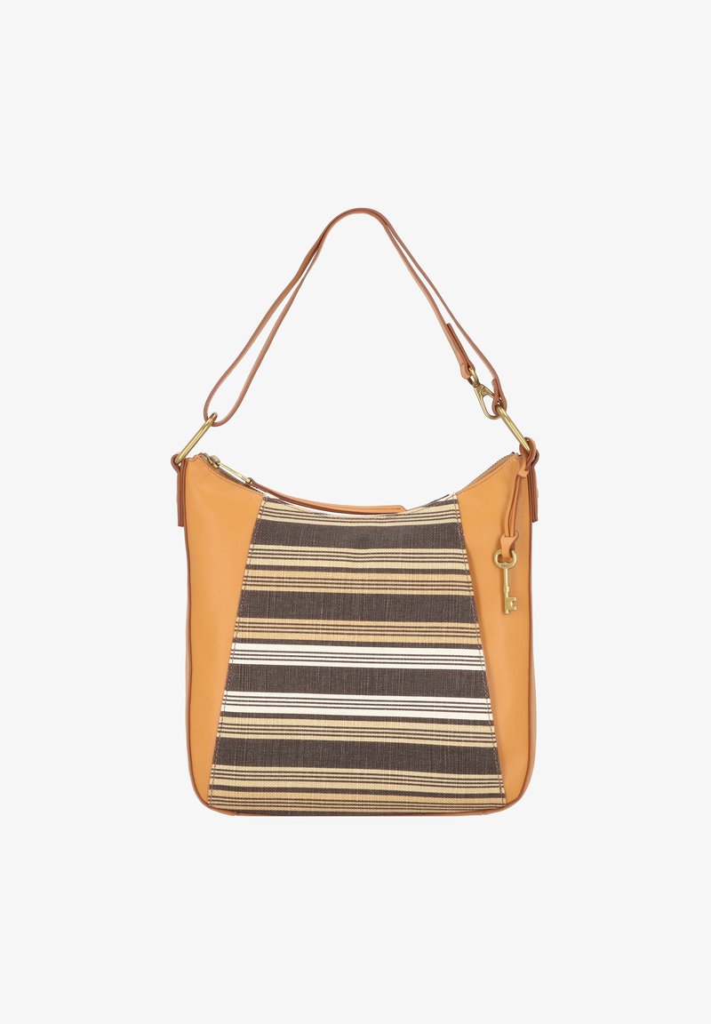 Sac à bandoulière en cuir fauve avec panneau avant en tissu rayé marron et beige, fermeture éclair dorée, sangle amovible et porte-clés doré suspendu.