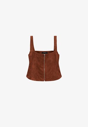 Top corto in suede marrone con scollo quadrato, spalline larghe e chiusura con zip frontale, caratterizzato da una texture liscia e raffinata e una vestibilità sagomata.