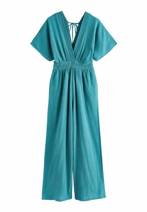 Weit geschnittener Jumpsuit in Blaugrün mit kurzen Ärmeln, tiefem V-Ausschnitt, elastischem Taillenbund und rückseitigem Bindeband.