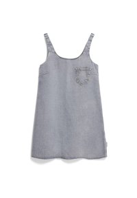 Lichtblauwe denim jurk met dunne bandjes, een ronde halslijn en een klein patach zakje aan de voorkant. Effen textuur, comfortabele pasvorm.