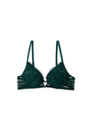 Bralette in pizzo verde smeraldo con coppe triangolari, intricati motivi floreali, spalline regolabili e pannelli laterali trasparenti.