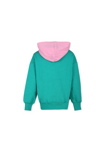 Felpa con cappuccio caratterizzata da un corpo teal e un cappuccio rosa. Realizzata in morbido tessuto con polsini e orlo a costine. Design semplice e dal fit rilassato.