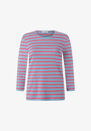 Langärmliges T-Shirt in Hellblau mit pinken horizontalen Streifen. Weicher Stoff, runder Halsausschnitt und reguläre Passform. Einfaches, lässiges Design.