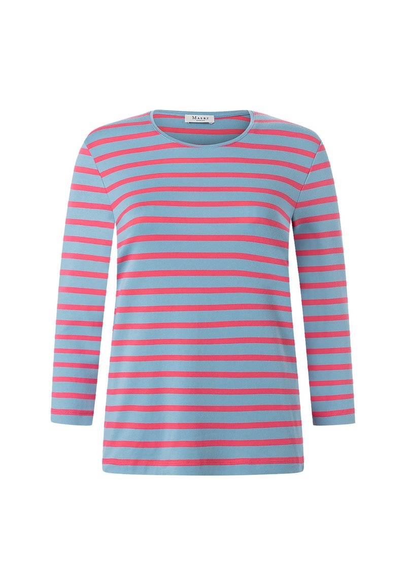 Langsleeve t-shirt in lichtblauw met roze horizontale strepen. Zachte stof, ronde halslijn en normale pasvorm. Eenvoudig, casual ontwerp.