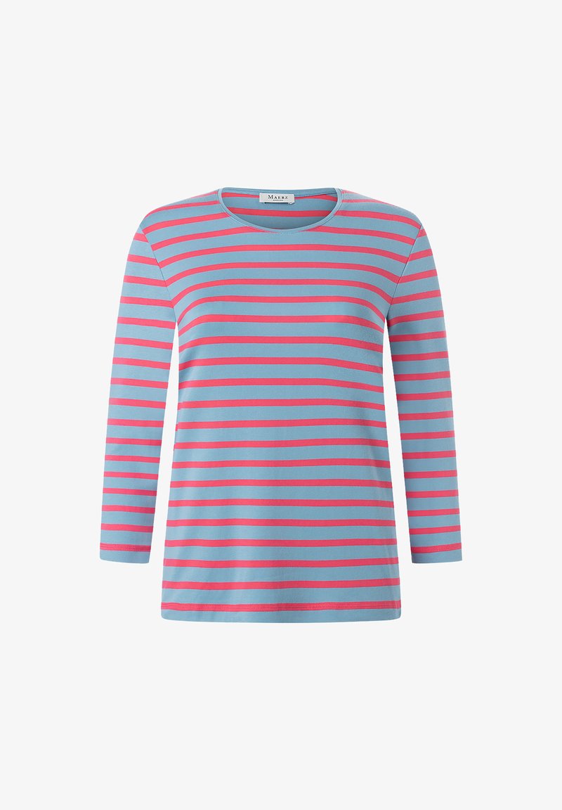 Langsleeve t-shirt in lichtblauw met roze horizontale strepen. Zachte stof, ronde halslijn en normale pasvorm. Eenvoudig, casual ontwerp.