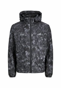 Sort og grå camouflage-mønstret hættejakke med frontlynlås og elastiske manchetter, der har CNZ og lynlogoer på brystet.