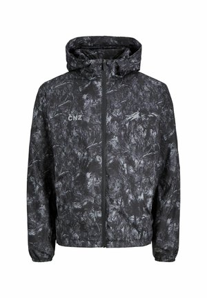 Black and gray camouflage-patterned hooded jacket with front zipper and elastic cuffs, featuring CNZ and lightning bolt logos on the chest.
