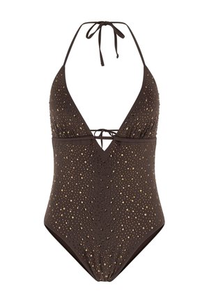 Brown halter-neck one-piece swimsuit with deep V neckline and gold-speckled embellishments throughout the fabric.