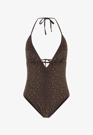 Brauner Neckholder-Einteiler mit tiefem V-Ausschnitt und goldgesprenkelten Verzierungen auf dem gesamten Stoff.