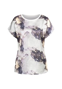 Kortermet, løstsittende topp laget av mykt stoff. Har et akvarelltrykk i nyanser av lilla, grått og gullaccent.