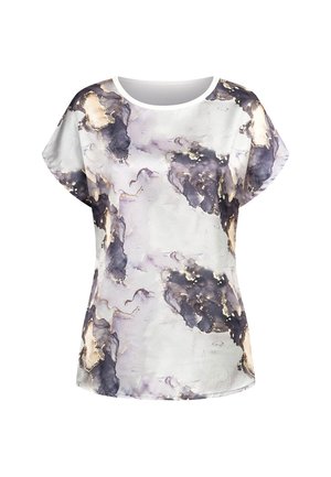 Bluză cu mânecă scurtă, cu croială lejeră, realizată dintr-un material moale. Prezintă un imprimeu acuarelă în nuanțe de violet, gri și accente aurii. Gât rotund.