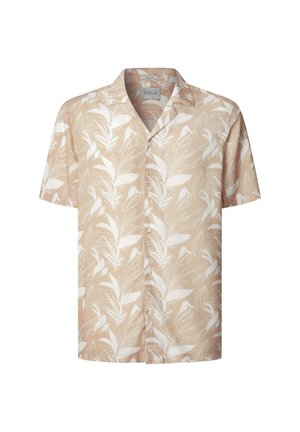 Košeľa s krátkym rukávom vyrobená z svetlohnedej tkaniny s bielym kvetinovým vzorom, golierom a uzáverom na gombík. Mäkká textúra a štandardný strih.