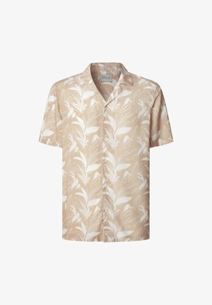 Košeľa s krátkym rukávom vyrobená z svetlohnedej tkaniny s bielym kvetinovým vzorom, golierom a uzáverom na gombík. Mäkká textúra a štandardný strih.