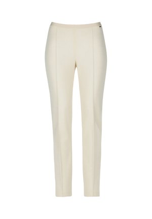 Pantalons beige clair en tissu lisse. Présente un design ajusté avec des coutures frontales et une taille élastique. Sans poches ni motifs.