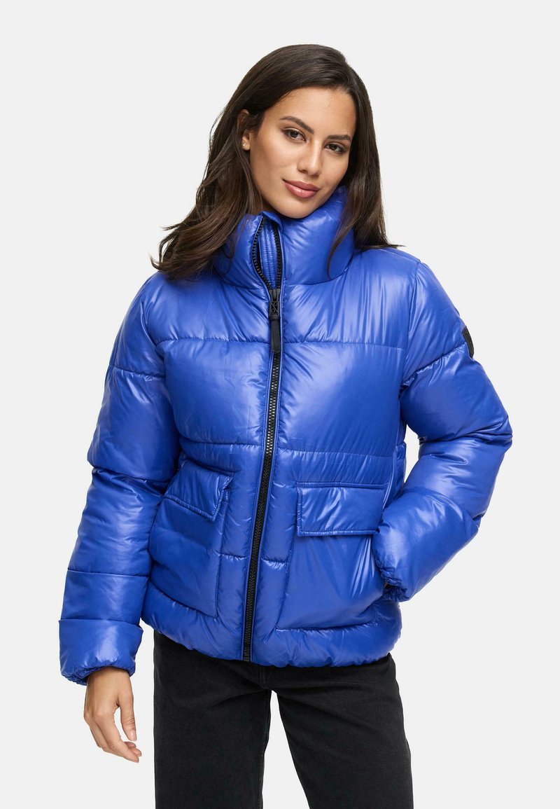 Blue puffer jacket made of shiny material, featuring a high collar, front zipper, and two front pockets. Designed with quilted sections.